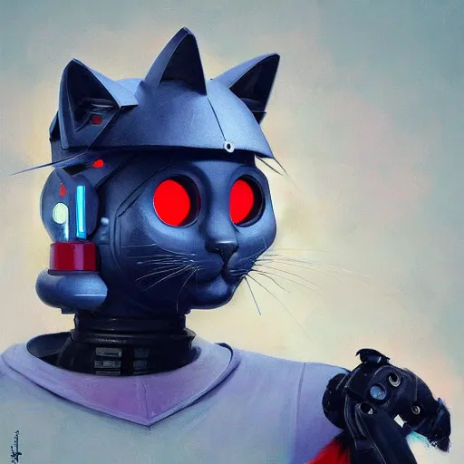 Prompt: a half robot cat wearing a hat medium shot, asymmetrical, profile picture, organic painting, nebula, matte painting, bold shapes, hard edges, street art, trending on artstation, by huang guangjian and gil elvgren and sachin teng