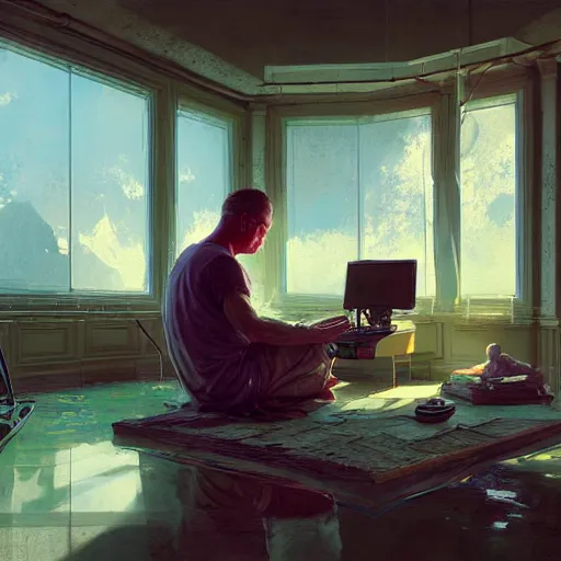 Image similar to patrick meditates, hyperrealism, no blur, 4 k resolution, ultra detailed, style of ron cobb, adolf hiremy - hirschl, syd mead, ismail inceoglu, rene margitte