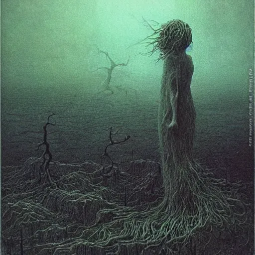 Image similar to 🍂 beksinski, eldritch, apocalypse, creepy creature, horror spooky