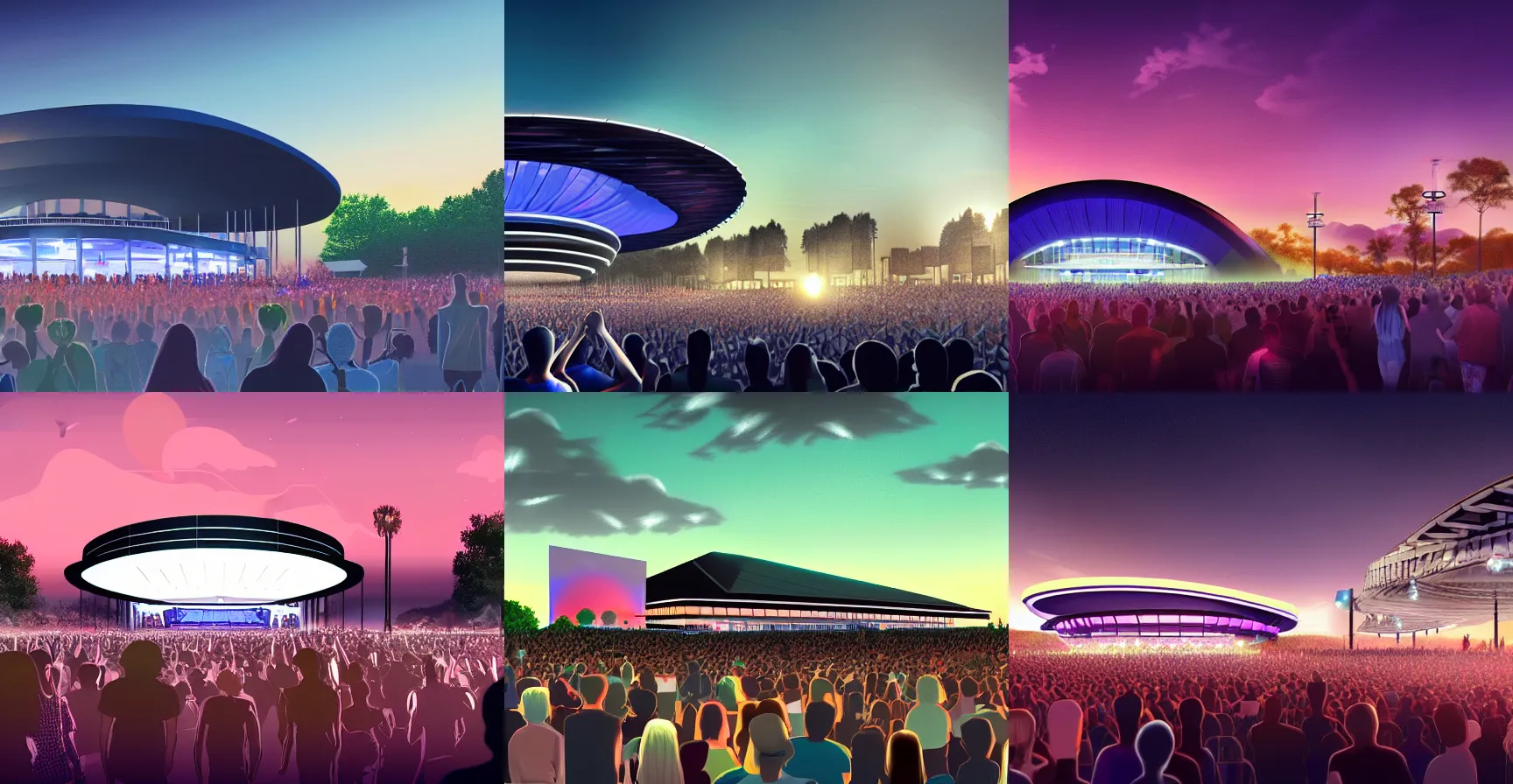 Prompt: digital concept art of a futuristic concert arena at dusk with an excited crowd inspired by Bob Ross