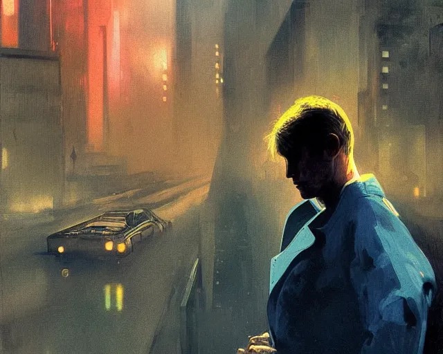 Image similar to 1 9 7 0 blade runner movie young man young clint eastwood western look at the cityscape from roof perfect face fine realistic face pretty face reflective polymer suit tight neon puffy jacket blue futuristic sci - fi elegant by denis villeneuve tom anders zorn hans dragan bibin thoma greg rutkowski ismail inceoglu illustrated sand storm alphonse mucha