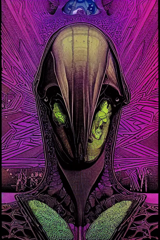 Image similar to portrait of black and psychedelic grainshading print by moebius, richard corben, wayne barlowe, cyberpunk comic cover art, psychedelic triangular skeleton, very intricate, thick outline, full body, symmetrical face, long black crown, in a shapes background, galactic dark colors