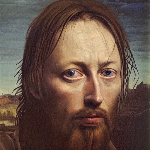 Image similar to Renaissance oil portrait of Thom Yorke as a scholar, high-quality realistic oil painting with detailed strokes, Thom Yorke as a robed Renaissance scholar