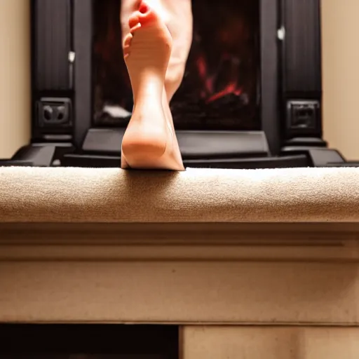 Prompt: left foot sitting by itself on a fireplace mantle