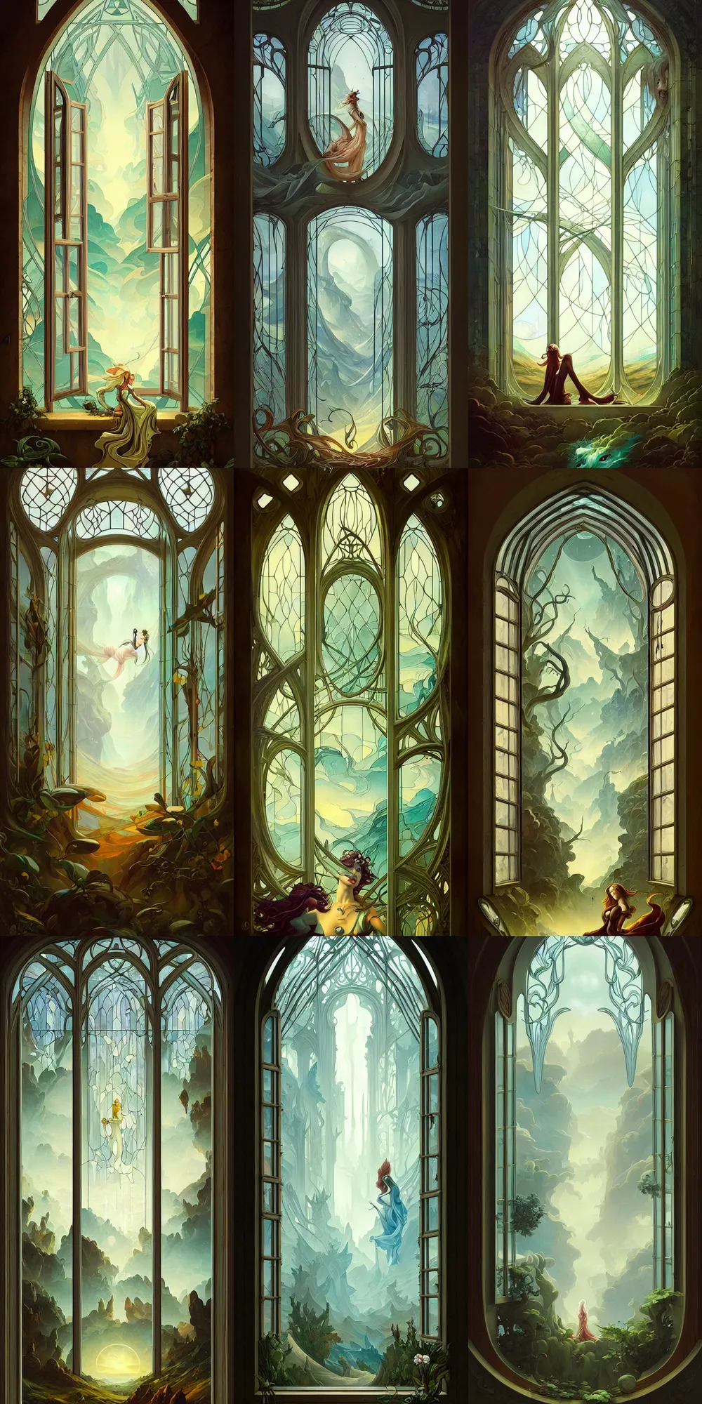 Prompt: beautiful large window with four panes, four yearseason is represented by peter mohrbacher, art nouveau, landscape, cinematic