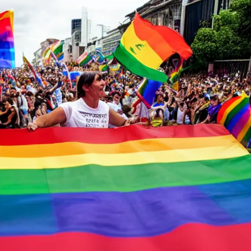 Image similar to photograph of president jair bolsonaro waving a rainbow flag at a pride parade