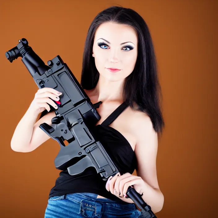 Image similar to photograph of a real-life beautiful woman holding an uzi. Extremely detailed. 8k