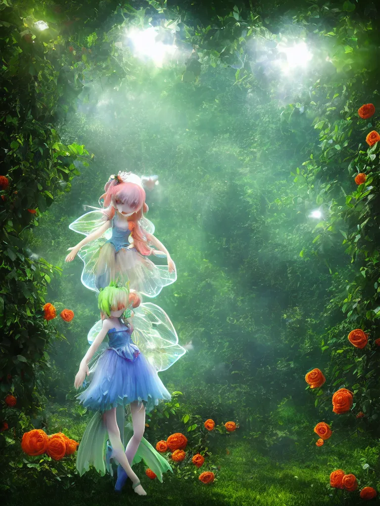 Prompt: cute fumo plush girl among vines in the middle of a lush rose garden, glowing ethereal gothic magical wraith fairy girl, tattered green dress, smoke and orange volumetric fog, blue sky sunshine and cloudless lens flare, bokeh, vray