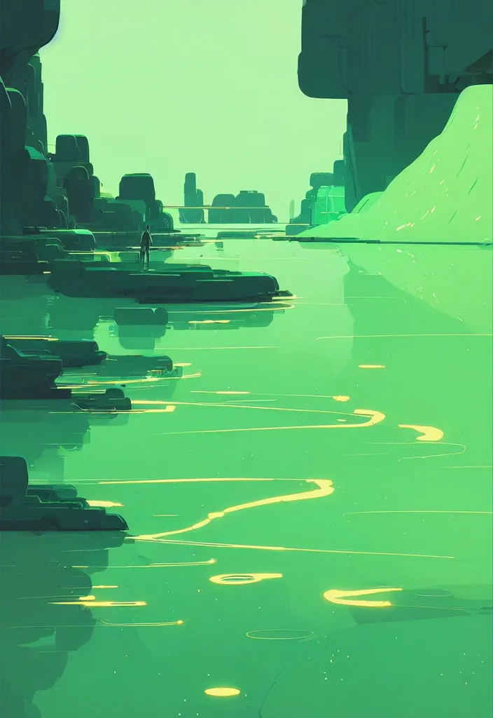 Image similar to by moebius and atey ghailan | a bright green river with clear crystal boats moving up and down it |