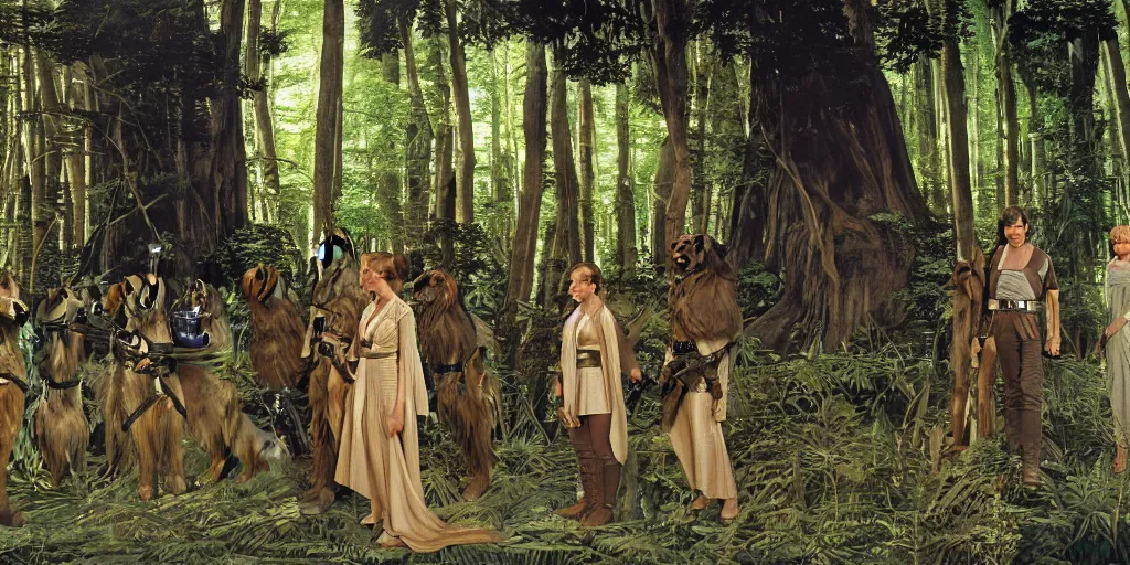 Image similar to luke skywalker, princess leia and han solo meet the ewoks in the forest of endor, in return of the jedi, a masterful painting by sandro botticelli, 4 k