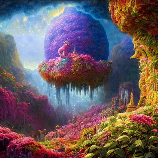 Image similar to lush stars cavern matte painting depth of field rich nature photography ornate by lisa frank, andreas franke, rob gonsalves, evgeny lushpin, andreas rocha, wlop, greg rutkowski, tomasz alen kopera