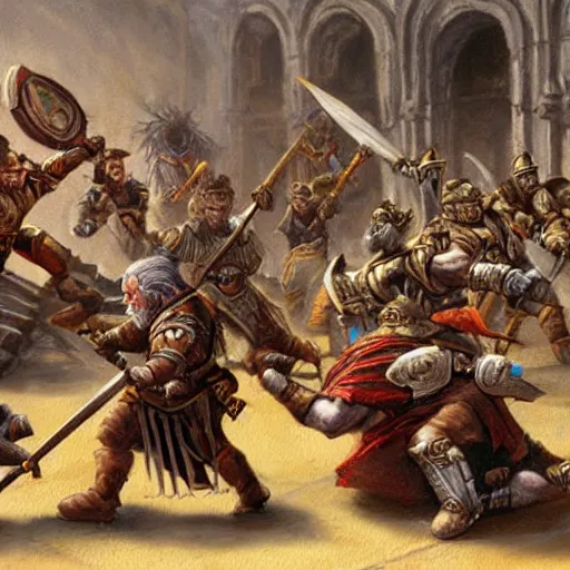 Prompt: DnD dwarves in gladitorial duel. Epic painting by james gurney. Dwarf gladiators in the coliseum.