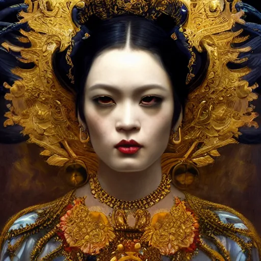 Image similar to highly detailed oil painting, very intricate, cinematic lighting, award - winning, portrait of the asian goddess of goth dressed by alexander mcqueen, by roberto ferri, by tom bagshaw, by j. c. leyendecker and klimt, american romanticism, by austin osman spare, artstation, cgsociety, official art, octane