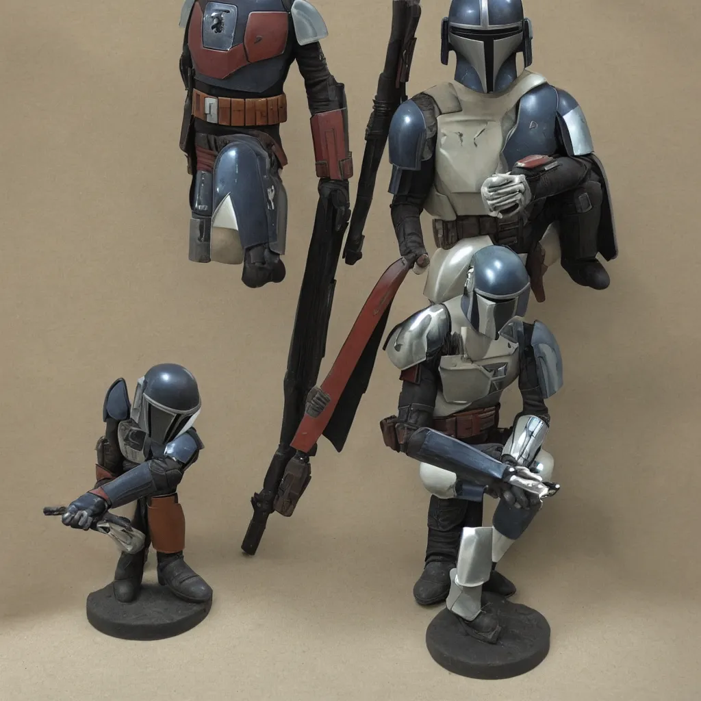 Image similar to lone mandalorian in thinking pose