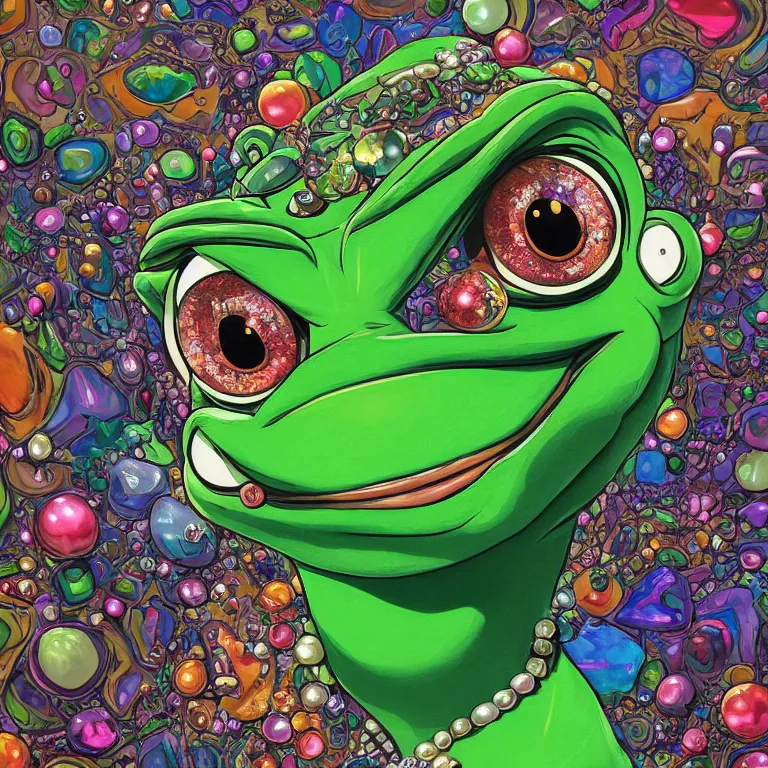 Image similar to maximalist detailed gemstone pepe the frog by adoryanti, machine. delusions, holosomnia, electrixbunny, rendered in discodiffusion. decorated with pearls and gems, behance hd by jesper ejsing, by rhads, makoto shinkai, ilya kuvshinov, rossdraws global illumination ray tracing hdr radiating a glowing aura