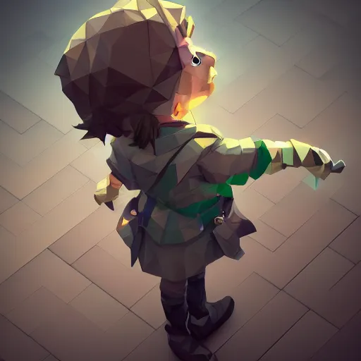 Prompt: isometric view, ultra low poly, octopath traveller style, a kid girl, brown jacket with long sleeves, brown pigtails hair, green eyes, grey background, volumetric lighting, fantasy, d & d, 4 k, trending on artstation, by greg rutkowski, blizzard warcraft, backlit, smooth
