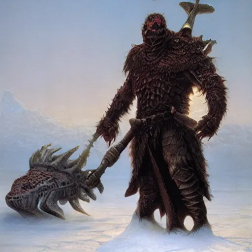 Image similar to anthropomorphic turtle barbarian humanoid, carapace, wayne barlowe, blizzard, winter, night, furs, fantasy