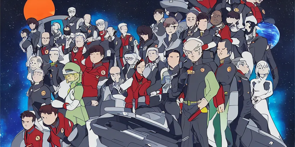 Prompt: Crew of The Orville in the style of Star Blazers, anime, Leiji Matsumoto