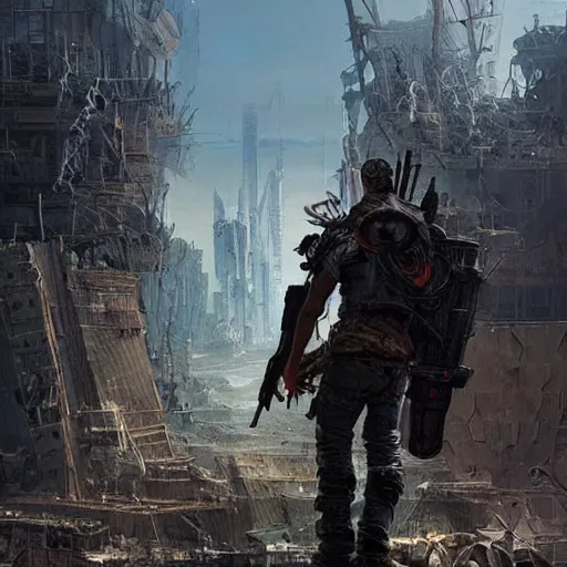 Prompt: a man wearing junk armor and scrapped jeans and holding an shotgun standing behind an apocalyptic city, Matte painting , detailed painting, greg rutkowski