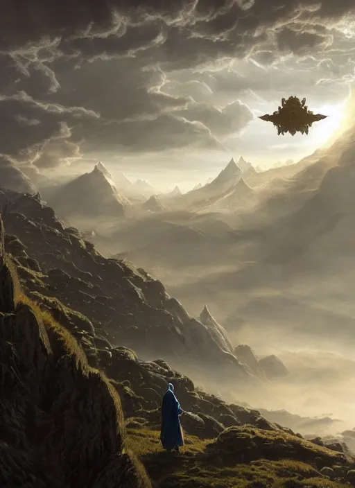 Prompt: a cosmic monk in lord of the rings scenery landscape, looking at a hovering spaceship in the sky, sci - fi, highly detailed, vivid color, cinematic lighting, perfect composition, 8 k, gustave dore, derek zabrocki, greg rutkowski, belsinski, octane render