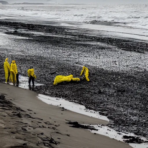 Image similar to Professional Photography, long shot, People in yellow chemical hazmat suits are investigating a huge creepy black creature washed up on the beach.