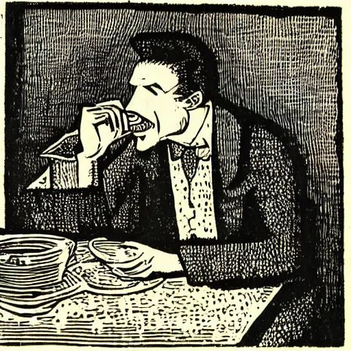 Image similar to woodcut of a bored man eating bland breakfast