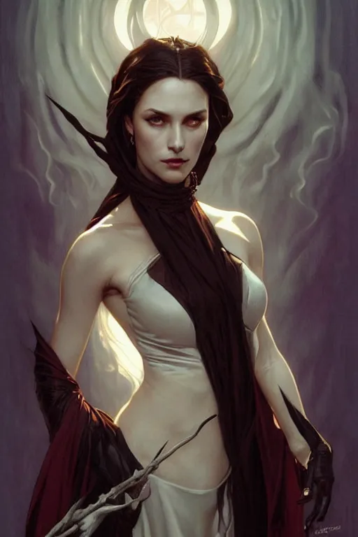 Image similar to portrait of a queen vampire, dark, piercing eyes, gentle expression, elegant clothing, photorealistic, highly detailed, artstation, smooth, sharp focus, art by michael whelan, artgerm, greg rutkowski and alphonse mucha