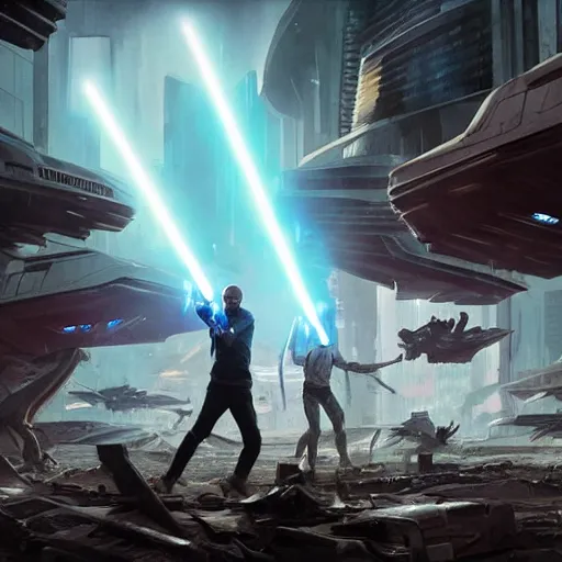 Image similar to mace windu holding a lightsaber fighting a group of dinosaurs in a destroyed cyberpunk city with lasers flying through the air by greg rutkowski