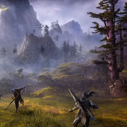 Prompt: a battle between two fantasy armies in a magical landscape with a meadow in the foreground, a forest in the background and a mountain on the horizon, realistic, detailed, cinematic light, art by unreal engine 5 art