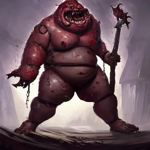 Image similar to a fat fleshy abomination four-arms butcher holding a cleaver and a hook hand, flesh wounded, four arms, chained hook, cleaver knife, meats on the ground, in the style of greg rutkowski, fantasy rpg, league of legends