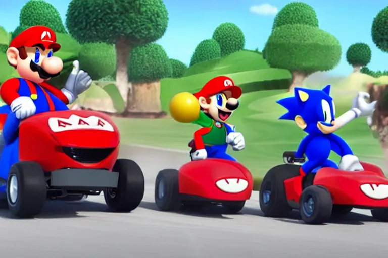 Image similar to mario brothers and sonic the hedgehog driving golf carts, movie still, from the new fast and furious movie, 8 k, hd