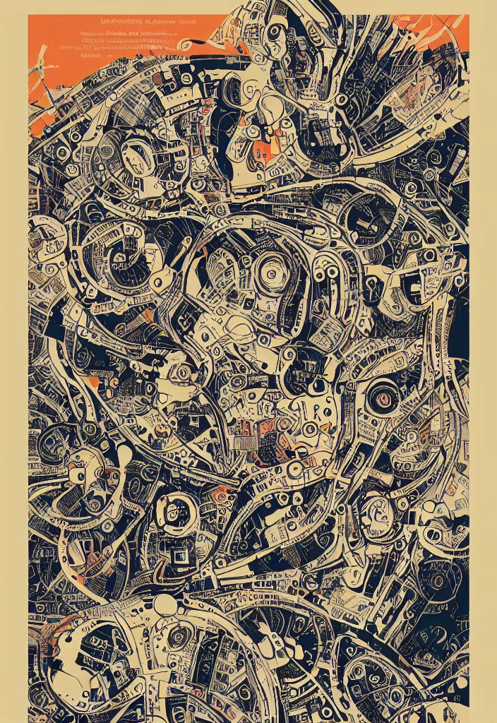 Image similar to a poster in the style of polish school of posters jan lenica for'the curator'- a story about the artificial intelligence and polish design