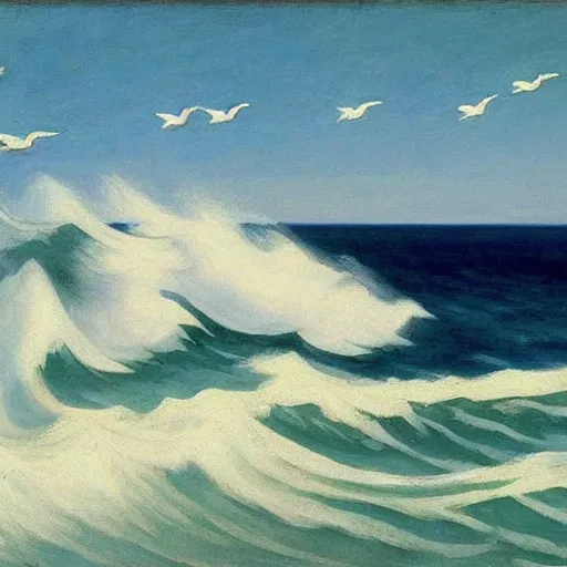 Image similar to white birds flying above the sea with big waves by Edward Hopper