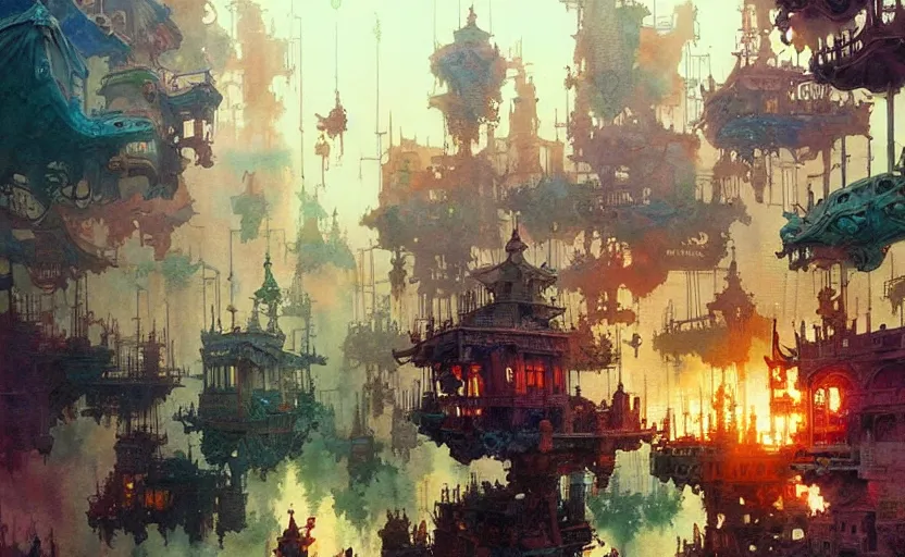 Image similar to the amazing floating city, fantasy, steampunk. intricate, amazing composition, colorful watercolor, by ruan jia, by maxfield parrish, by marc simonetti, by hikari shimoda, by robert hubert, by zhang kechun, illustration, gloomy