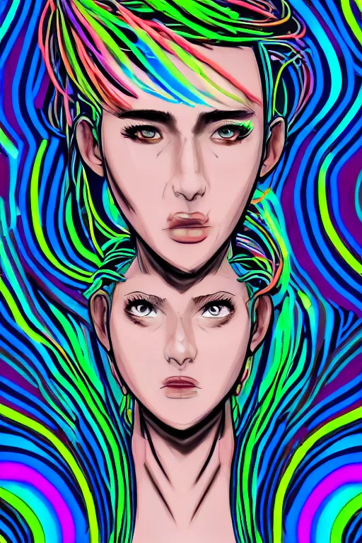 Image similar to a award winning portrait of a beautiful woman with stunning eyes in a one off shoulder croptop and cargo pants with rainbow colored hair, outlined by whirling illuminated neon lines and fine lines swirling in circles by ossdraws, digital art, trending on artstation