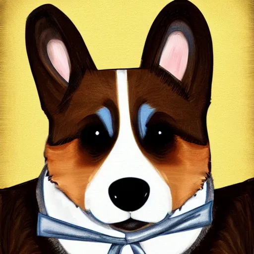 Prompt: A cute corgi wearing a bow tie, digital painting