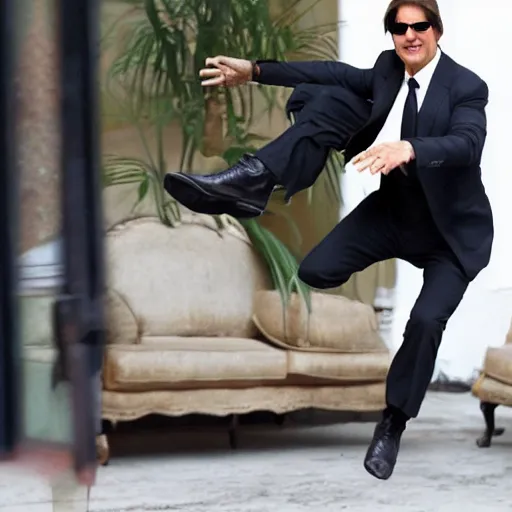 Image similar to tom cruise, 200 years old, jumping on a sofa