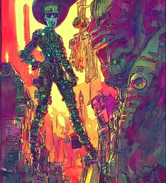 Image similar to a watercolor ink painting of a cybernertic punk / raver in the style of jean giraud in the style of moebius trending on artstation deviantart pinterest detailed realistic hd 8 k high resolution