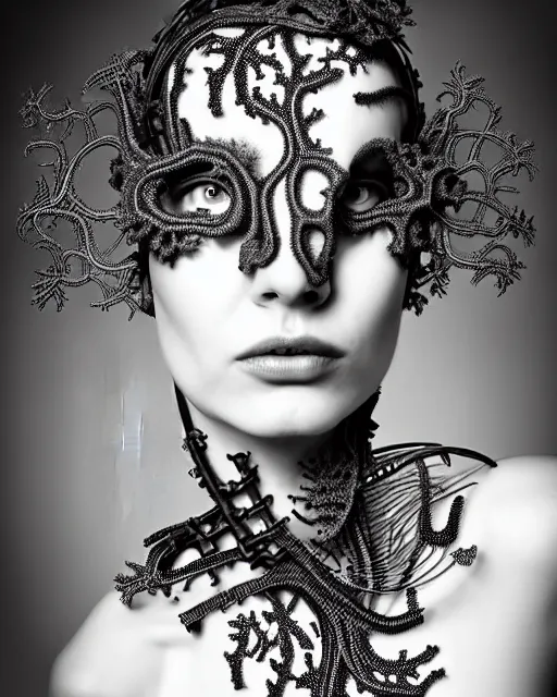 Image similar to surreal black and white photo portrait of complex bio-mechanical beautiful young female vegetal-cyborg with a Mandelbrot fractal metal fine lace face, silver hair, 150 mm lens, soft rim light, fine metal floral foliage super big lace collar by Alexander McQueen, high fashion, haute couture, rococo, steampunk, silver filigree details, anatomical, facial muscles, cable wires, microchip, elegant, hyper realistic, octane render, unreal engine, in the style Dora Maar, volumetric lighting, 8k,