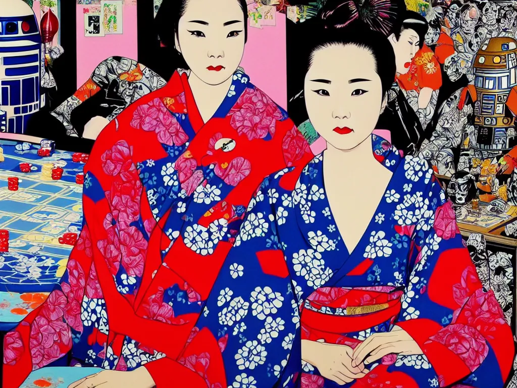 Image similar to hyperrealistic composition of the detailed woman in a japanese kimono sitting at a poker table with detailed darth vader and r 2 d 2, fireworks, mount fuji on the background, pop - art style, jacky tsai style, andy warhol style, acrylic on canvas