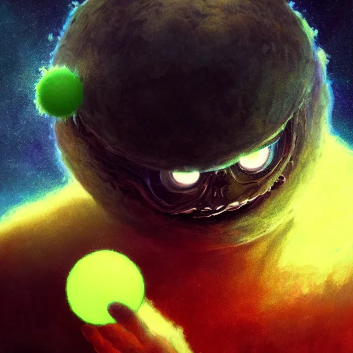 Image similar to cinematic portrait of a cute tennis ball monster in the abyss of space, chalk, masterpiece, trending on artstation, featured on pixiv, cinematic composition, dramatic pose, beautiful lighting, sharp details, hyper-detailed, HD, HDR, 4K, 8K, art by Basil Gogos