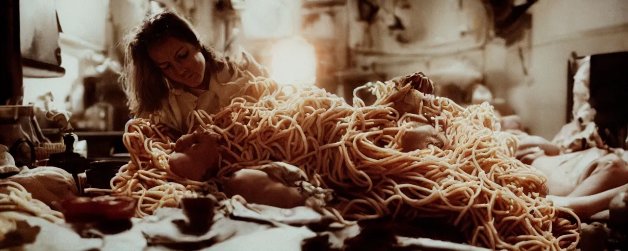 Prompt: a woman giving birth on top of spaghetti, canon 5 0 mm, cinematic lighting, photography, retro, film, kodachrome