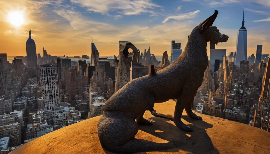 Image similar to a giant anubis statue placed in new york, sunset, drone footage, sharp focus, professional photo