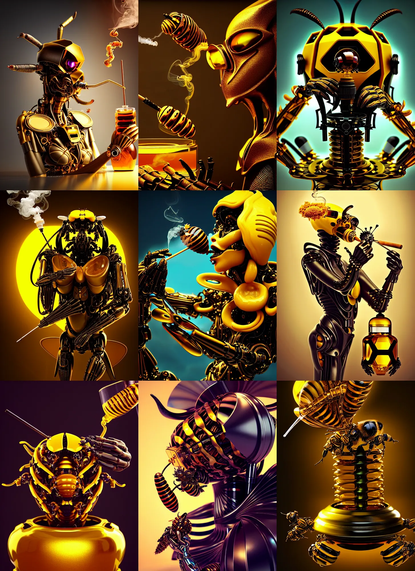 Prompt: transhuman devil bumblebee edm cyborg smoking elaborate honey bong | ornate | glamorous oily soft polished rich enticing ornate modern | weta disney pixar movie still photo | hi - fructose, sci fi fantasy, golden ratio details, smooth, octane render, sharp focus, artstation, concept art | beeple, feng zhu, mucha, rutkowski |