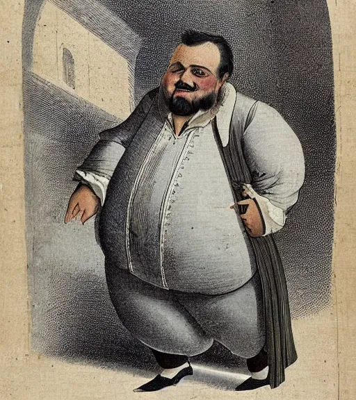 Prompt: 1 8 th century ottoman illustration of a bearded obese charlatan who is a quack with a nasty smile on his face, highly detailed