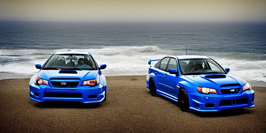 Prompt: photograph, 2007!! Subaru WRX STi, cinematic, california coast, ocean view, 8k, depth of field, bokeh.