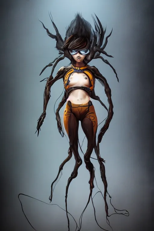 Image similar to dark full body painting of tracer from overwatch, in style of zdzisław beksinski, scary, horror, 4 k, feminine facial features, overwatch tracer character, horror, body horror, disturbing, detailed face, dressed in dark garment, black tendrils, tall, long legs,