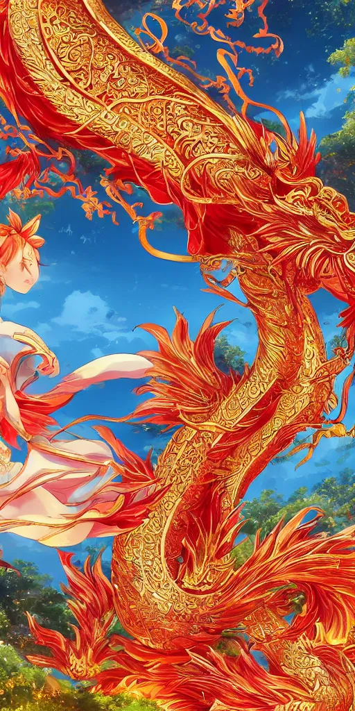 Image similar to golden paper + an intricate chinese dragon depiction + elaborate red illustration by wu daozi, makoto shinkai, tang yin, very detailed, deviantart, 8 k vertical wallpaper, tropical, colorful, airy, anime illustration, anime nature wallpap