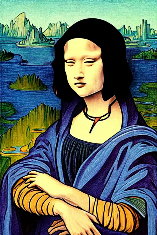 Image similar to portrait of rei ayanami in the style of the mona lisa painting