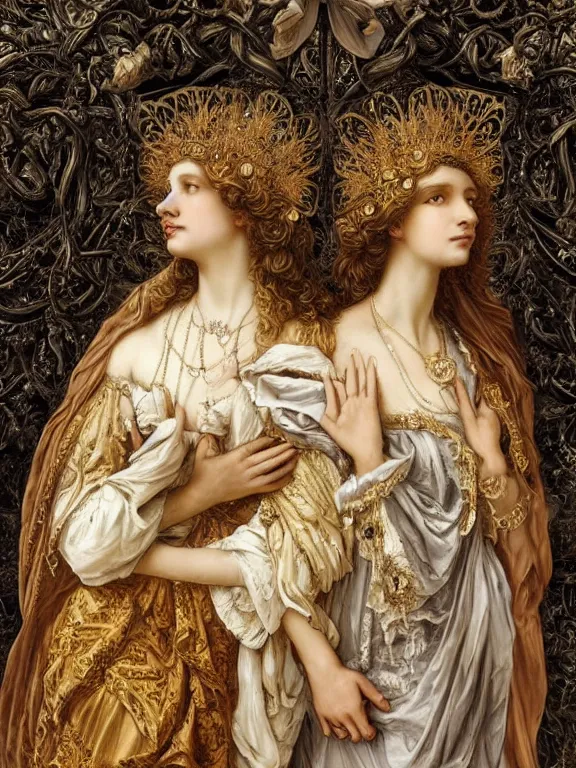 Prompt: a beautiful render of two baroque catholic veiled queen with symmetry intricate detailed heart,sculpture,pray,love,by Maria Mirage,Lawrence Alma-Tadema,peter gric,aaron horkey,Billelis,trending on pinterest,hyperreal,gold,silver,ivory,maximalist,glittering,golden ratio,cinematic lighting